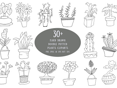 30+ Hand Drawn Doodle Potted Plants