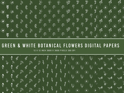 Deep Green & White Botanical Flowers Digital Papers