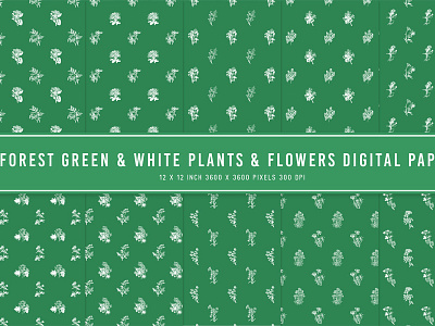 Forest Green & White Plants & Flowers Digital Papers