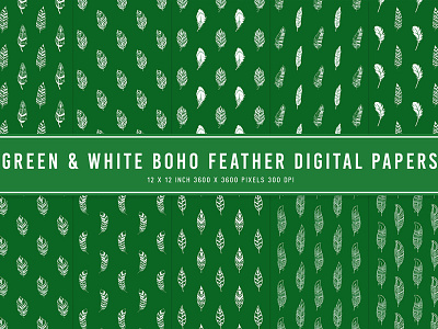 Green & White Boho Feather Digital Papers dribbble