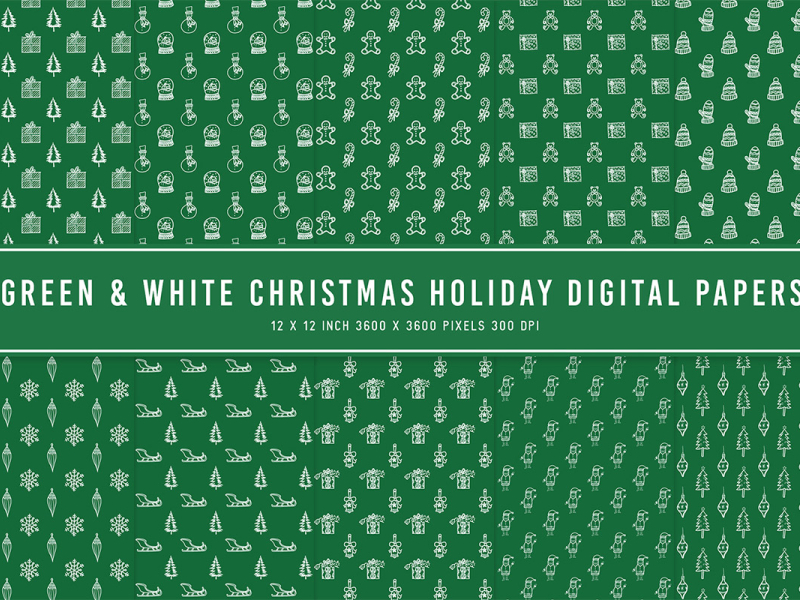 Green & White Christmas Holiday Digital Papers by Mohammad Usama on