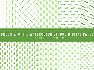 Green & White Watercolor Stroke Digital Papers