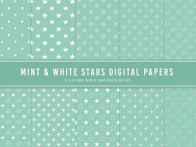 Mint & White Stars Digital Papers