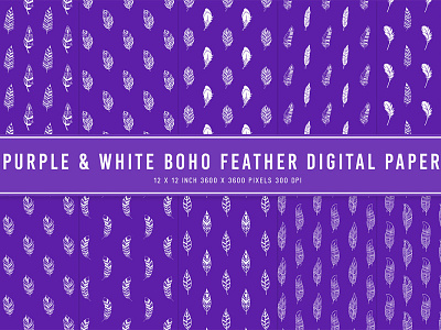 Purple & White Boho Feather Digital Papers ui