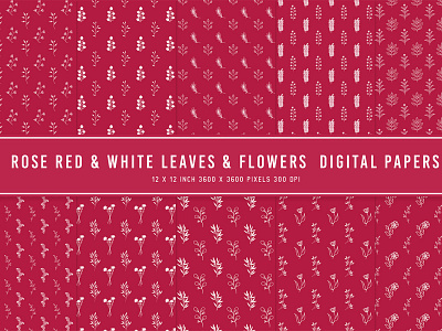 Rose Red & White Leaves & Flowers Digital Papers