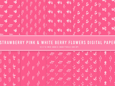 Strawberry Pink & White Berry Flowers Digital Papers ui