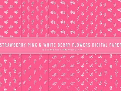 Strawberry Pink & White Berry Flowers Digital Papers