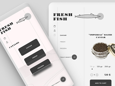 Fish shop UI black and white cart dayli dayliui desktop fish flexible glass glass effect grayscale idea logo mobile product product page responsive shop style ui