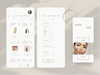 Cosmetics store screens app beauty product cart compare concept cosmetics design ecommerce filter inspiration makeup mobile product page products profile page shopping store ui ux