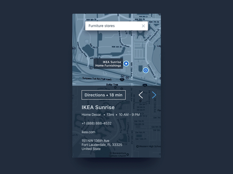 Map // 029 animation daily dailyui directions furniture map pagination pins search stores ui