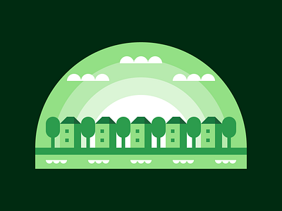 Green Town cloud design geometry illustration minimal river shapes sky sun town trees