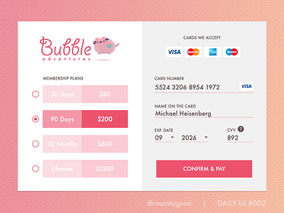 Credit Card Checkout - Daily UI #002 checkout dailyui modal payment pink shop shopping cart store ui design ux design webdesign widget