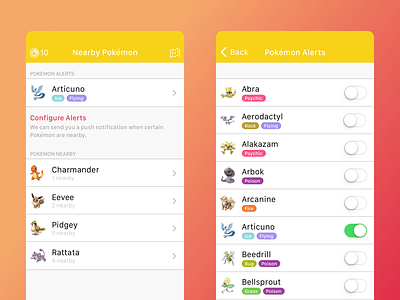 PokéLoké Alerts alert app controls interface ios iphone list mobile pokemon settings ui ux