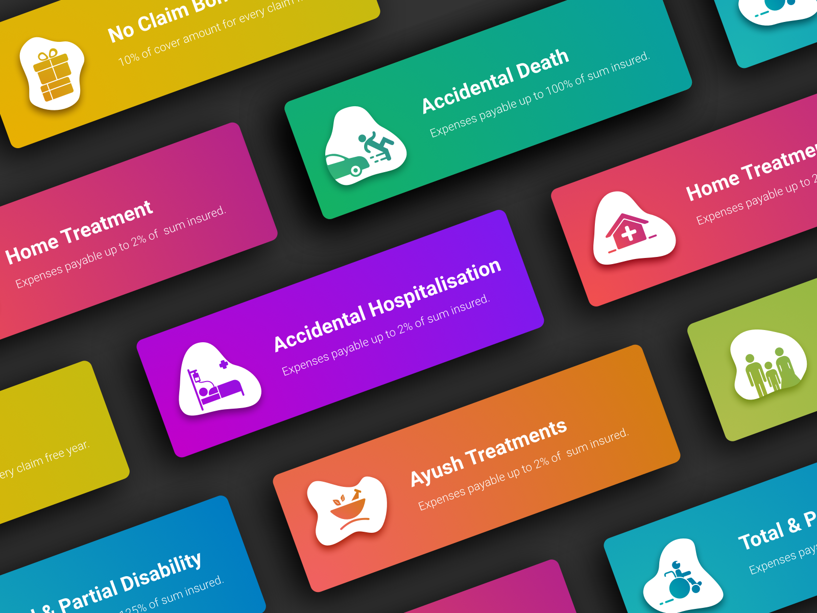 Benefits And Features bold colors cards design colors colours gradient gradient icons illustration insurance minimal sketch ui
