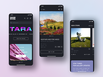 TARA — art gallery mobile website art art gallery design e commerce gallery interface marketplace minimal mobile mobile version online shop paintings product card product page ui ux web website