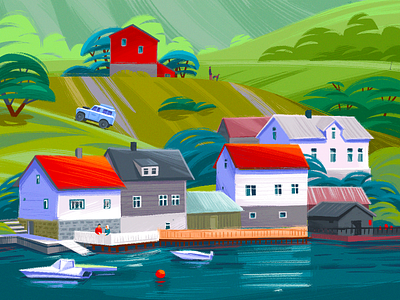 Village by the Fjord Illustration