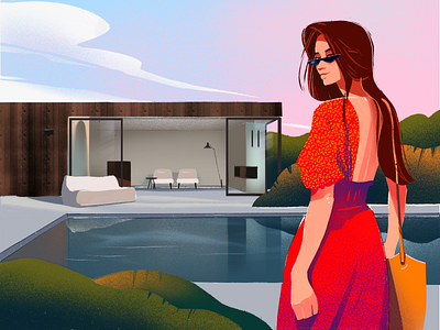 Lady in Red Illustration architecture beauty character design design studio digital art digital illustration digital painting girl graphic design illustration illustration art illustrator lady outdoors red relax summer swimming pool woman