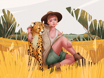 Under the Sun Illustration animals cheetah design design studio digital art digital illustration digital painting girl graphic design hug illustration illustration art illustrations illustrator landscape illustration love nature summer woman yellow