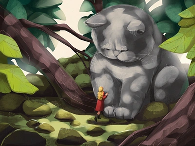 Book Illustration: Giant Cat animals book design book illustration cat character character design design design studio digital art digital artwork digital illustration digital painting fairytale forest girl graphic design illustration illustration art illustrator procreate