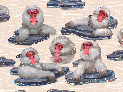 Relaxing Monkeys Illustration animals character design design studio digital art digital illustration digital painting graphic design hot springs illustration illustration art illustrator monkey nature procreate relaxing warm wildlife wildlife art winter