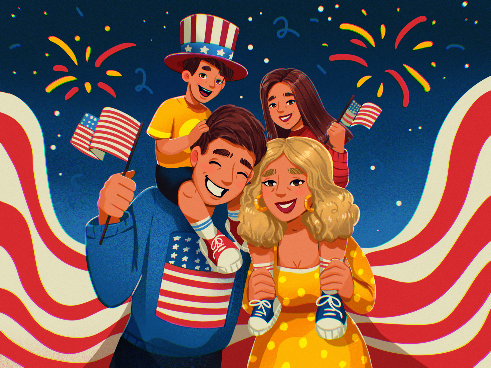 Happy Independence Day holiday children parents family july national holiday people americans usa festive celebration independence day independence digital illustration illustrator design studio illustration graphic design digital art design