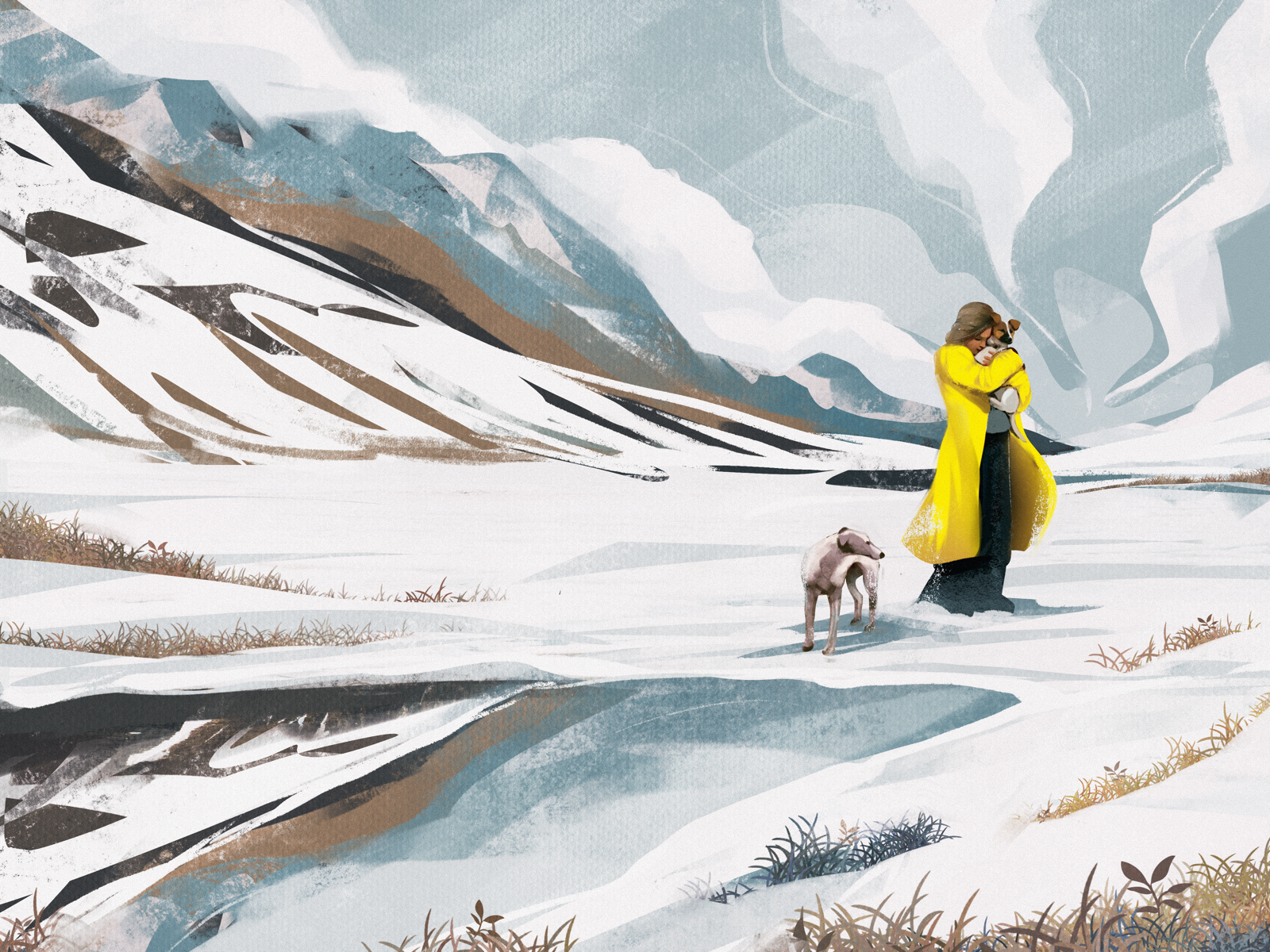 Stop to Hear art artwork creative illustration design design studio digital art digital artist digital illustration dog walking dogs graphic design illustration illustrator landscape mountains nature painting woman