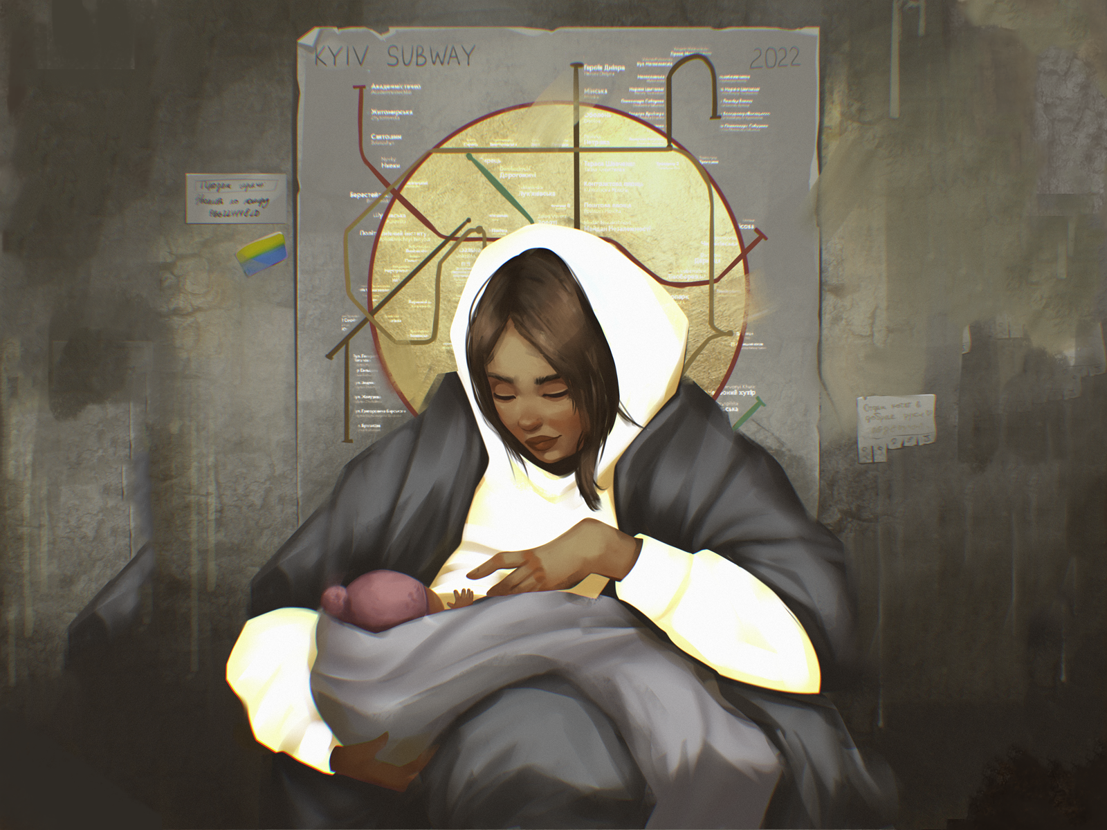 Kyivan Madonna artwork baby design design studio digital art digital illustration digital painting graphic design illustration illustrator kyiv madonna mother motherhood no war in ukraine stand with ukraine stop war subway ukraine war