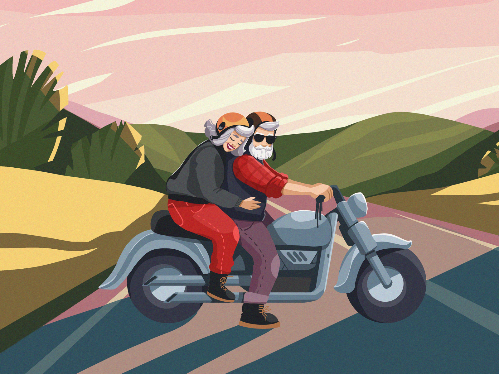 Forever Young Illustration bikers character couple design design studio digital art digital illustration digital painting elderly graphic design illustration illustration art illustrator motorbike people illustration procreate retired retirement travelers traveling