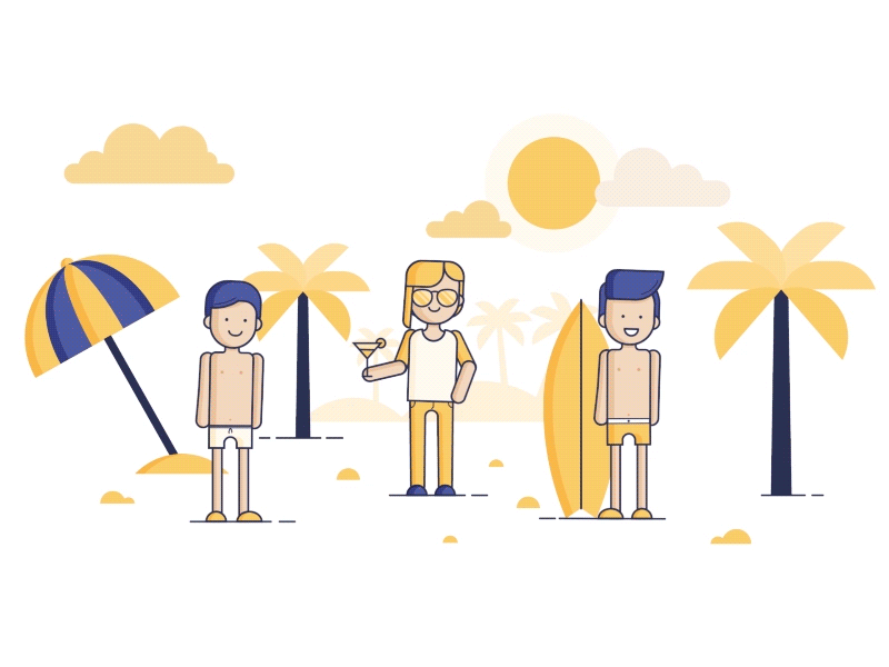 Cap Cadeau - Vacationers 2d animation beach character animation clouds design flat design gif holidays illustraion logo logo animation loop motion palm tree sand sun sunglasses surf typogaphy