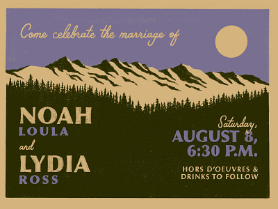 Noah & Lydia hand invitation invite lettering mountains postcard printing screen trees wedding