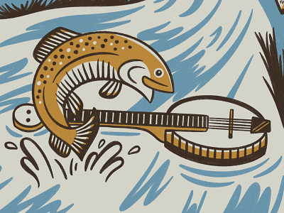 Michigan Academy of Folk Music Illustration banjo dear fish folk guitar mandolin michigan music nature river robin trout turtle