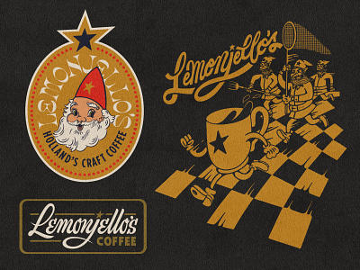 New LJ's Stuff badge brand cafe coffee gnome jello lemon logo mug script