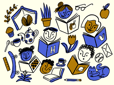 Readers book boy cat doodle flower girl illustration read tea