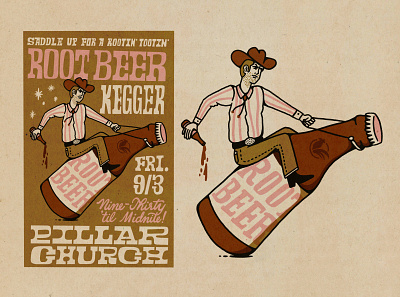 Rootin' Tootin' Rootbeer Kegger beer bottle cowboy hand horse kegger lettering poster rodeo root serif type western