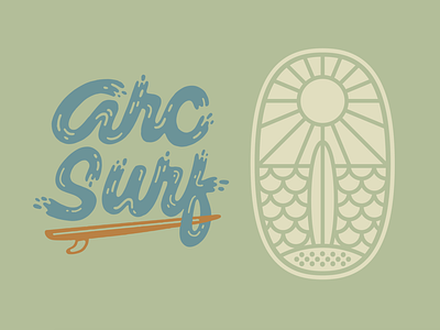 Arc Surf badge beach board lettering ocean sand sun sunrise sunset surf water