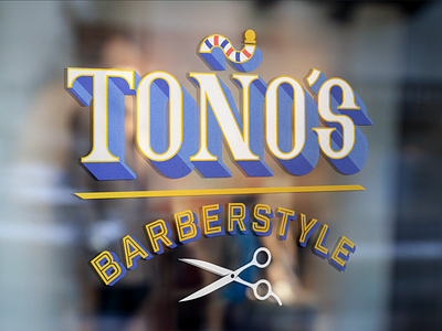 Toño's BarberStyle 3d badge barber custom cut hair logo scissors sign type typography window