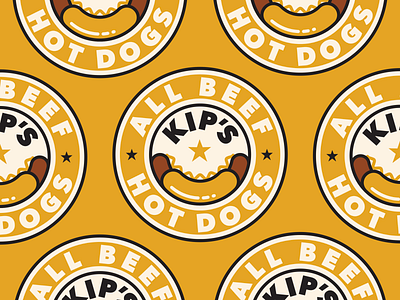 Kip's Hot Dogs badge beef dog food hot logo mustard yellow