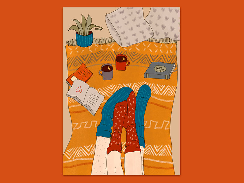 Cozy autumn cozy couple postcard graphic design sketch illustration
