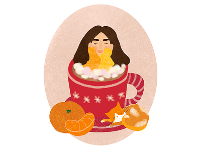Cocoa, tangerines and a cat christmas cocoa cup girl graphic design illustration sketch tangerine сat