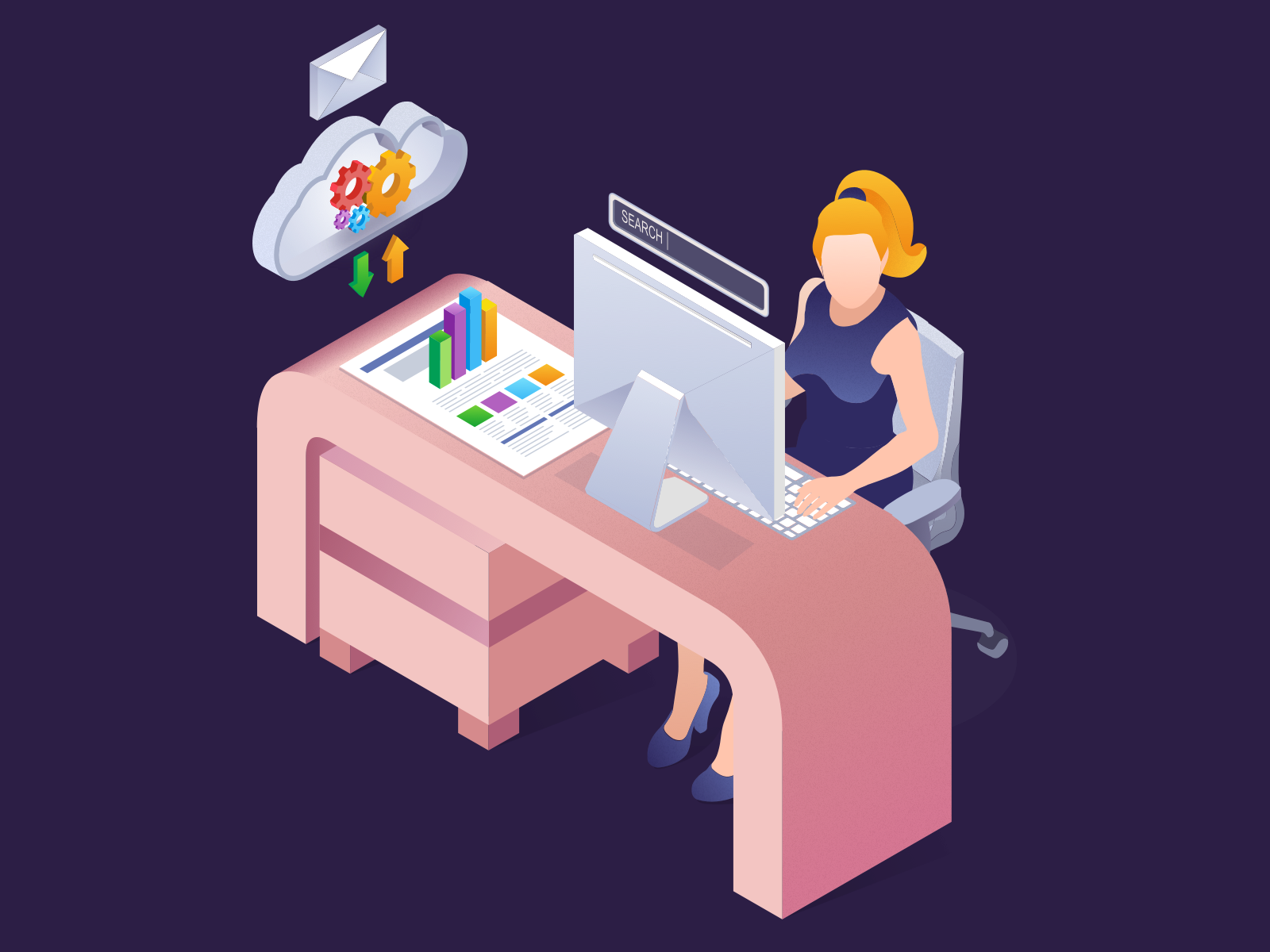Collaborative reports. analytics bright charts clean collaboratively colorful colors flat gradient illustration isometric manager reports sketch vector