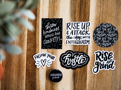 Sticker Designs graphic design hand lettered hand lettering hustle illustration positivity rise and grind sticker design stickers