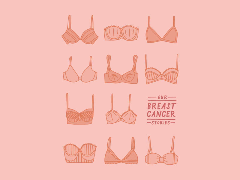 Our Breast Cancer Stories hand drawn bras illustration hand lettering book cover breast cancer