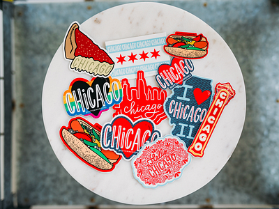 Chicago Stickers chicago chicago lettering die cut stickers hand lettered stickers hand lettering heart hello chicago. chicago eats hot dog pizza stickers