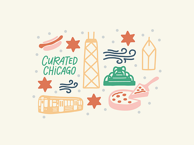 Curated Chicago Custom Illustration brand graphics branding buckingham fountain chicago chicago pizza cta train curated chicago hand drawn hand lettered design hand lettering hot dog