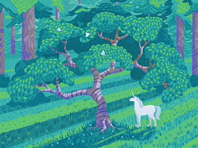 Unicorn art birds design fantasy forest illustration illustrator storybook tree unicorn vector woods