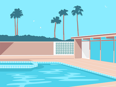 Poolside art california design flat illustration illustrator mid century modern palm springs palm trees pool relaxing swimming pool vector water