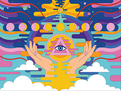 Awaken the Third Eye art clouds design eye hands illustration illustrator meditate moon phases mooncake planets psychedelic space thirdeye trippy vector vector illustration