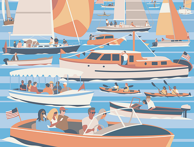 Lake Union in Seattle, WA art boating boats design flat illustration people poster seattle summer vector