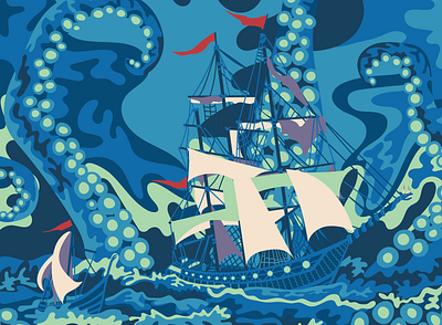 The Kraken illustration illustration art illustrator kraken ocotpus poster sea ship storm viking
