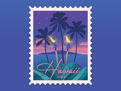 Hawaii Stamp art beach design gradients hawaii illustration illustration design island night palm trees plants stamp tiki tropical vector water